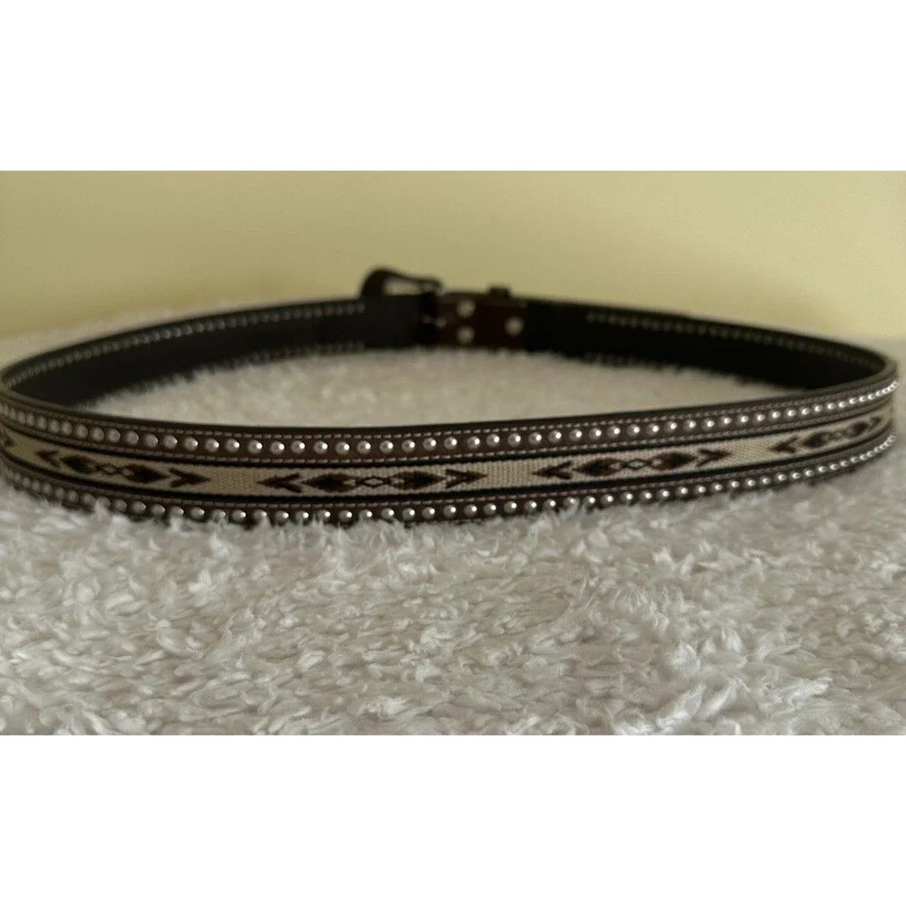 Nocona Leather Brown Belt With Etched Engraved Silver Buckle Tribal Cowboy Sz 46